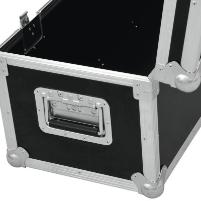 Caixa de transporte preta com reforços metálicos e pega embutida