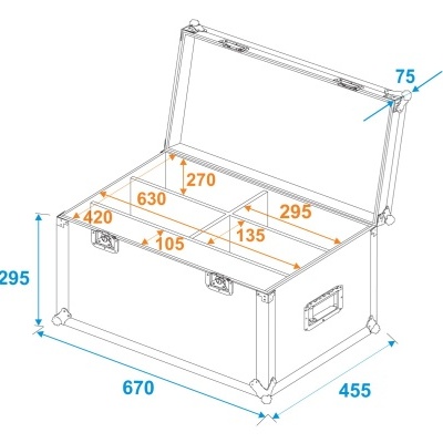 Esquema técnico de caixa de armazenamento aberta com dimensões marcadas