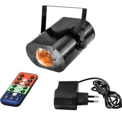 Projetor de luz preto com comando remoto colorido e adaptador de energia