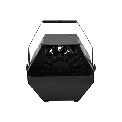 Maquina preta de bolhas de sabao com ventoinha e alça sobre fundo branco