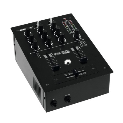 Mesa de mistura DJ preta com botões e sliders, indicador numérico e texto RANE MP 24