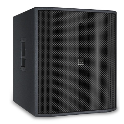 coluna de som preta com grelha metálica e alças laterais