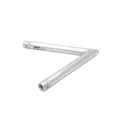 Peça metálica cilíndrica prateada em forma angular sobre fundo branco