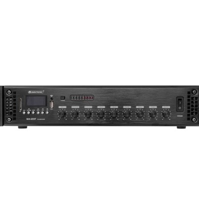 Amplificador de áudio preto com botões e visor LCD