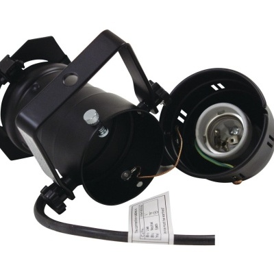 Projetor de luz preto metálico com suporte ajustável e lâmpada visível