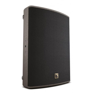 Coluna de som preta com moldura cinzenta clara e logótipo dourado