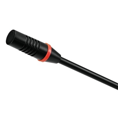 Microfone condensador preto com anel vermelho e cabo preto