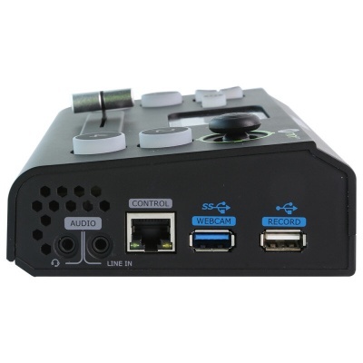 Interface de áudio preta com botões, joystick e várias portas de conexão