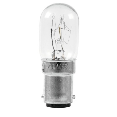 Lâmpada pequena com base metálica prateada e bulbo transparente