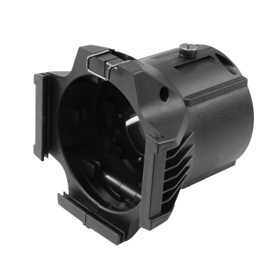 Peça plástica preta cilíndrica com ranhuras e orifícios