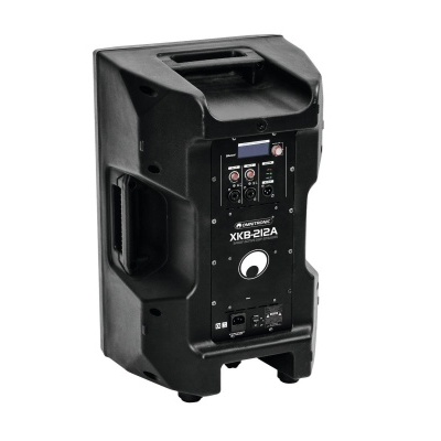 Coluna de som portátil preta com painel frontal e botões