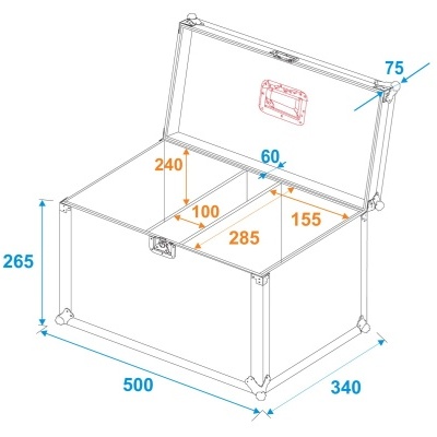 Baú aberto com dimensões indicadas em milímetros