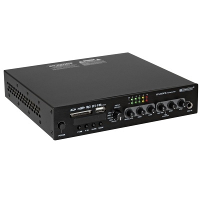 Amplificador digital de áudio preto com botões e visor