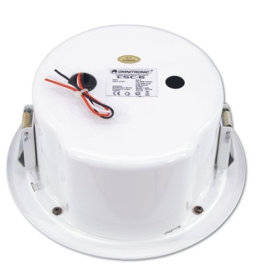 Coluna de som embutida branca vista de trás com etiqueta e fios