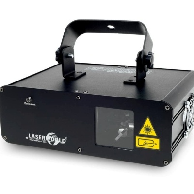 Projetor laser preto com alça e símbolo de aviso amarelo