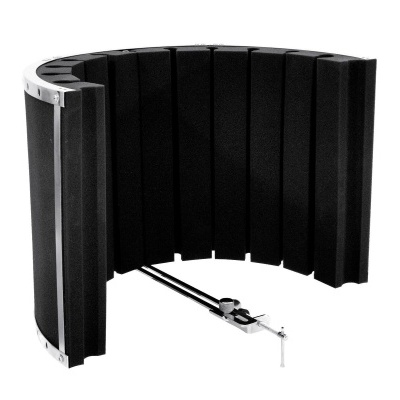 Escudo de isolamento acústico semicircular preto com estrutura metálica prateada