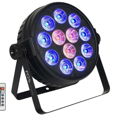 Refletor LED circular preto com luzes azuis e rosas e controlo remoto colorido