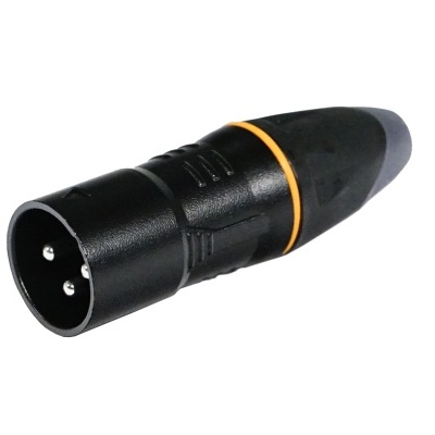 Conector XLR macho preto com anel laranja e três pinos