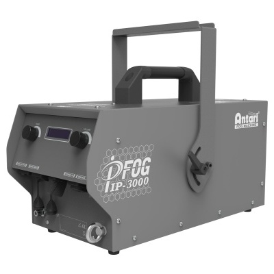 Maquina de efeito de nevoeiro preta Antari FOG IP.3000 com estrutura metálica e botões de controlo