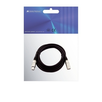 Cabo de áudio preto com conectores XLR em embalagem azul e branca