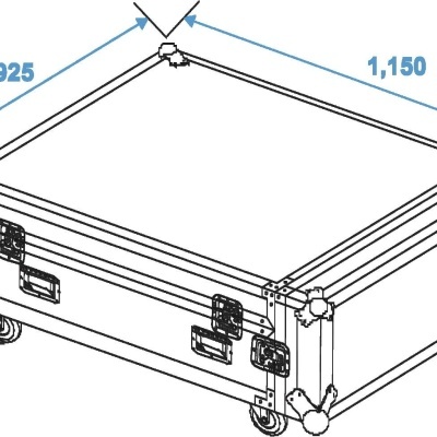 Caixa de transporte retangular com rodas e reforços metálicos, com dimensões indicadas em milímetros