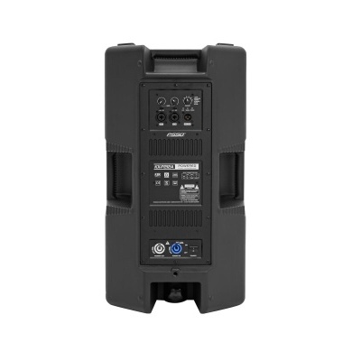 Coluna de som preta vertical com controlos e conectores na parte traseira