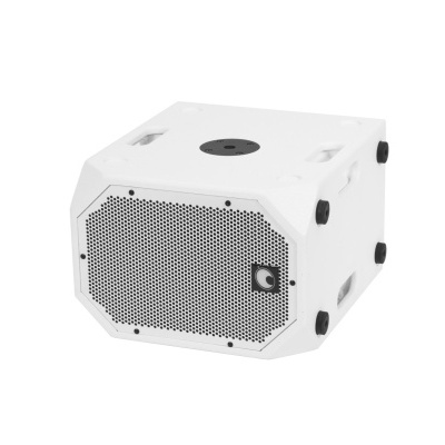 Coluna de som portátil branca com grelha preta e botões laterais.