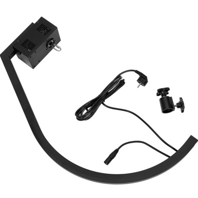 Suporte ajustável preto com braço curvado e cabo, acessórios em fundo branco