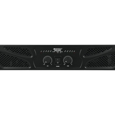 Amplificador de áudio preto com botões e texto branco