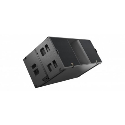 Caixa de som passiva preta retangular com aberturas para manuseio