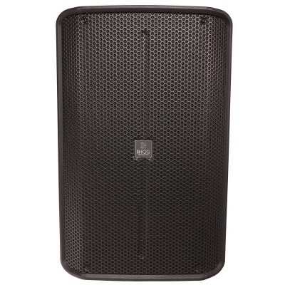 Coluna de som preta retangular com grelha metálica perfurada e logo JBL