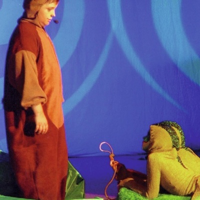 Atores vestidos com fatos de animais castanho e verde no palco com fundo azul