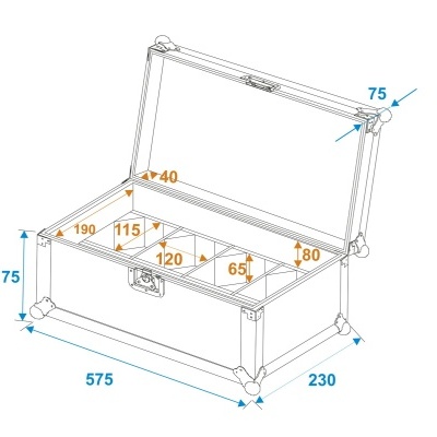 Desenho técnico de baú aberto com dimensões e compartimentos internos