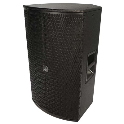 Coluna de som preta com grelha metálica e pega lateral