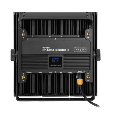 Painel traseiro de equipamento de iluminação LED preto com dissipadores de calor e texto Sunglider IP Atmo Blinder 9