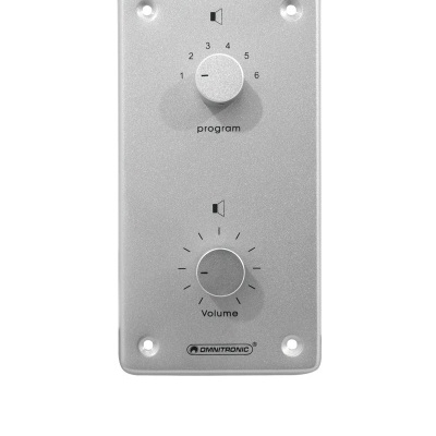 Painel de controlo prateado com botões rotativos program e volume