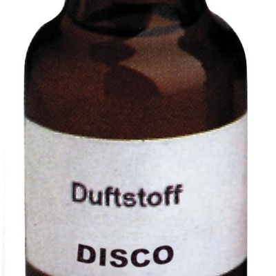 Frasco vidro âmbar com tampa preta e etiqueta com texto Duftstoff DISCO