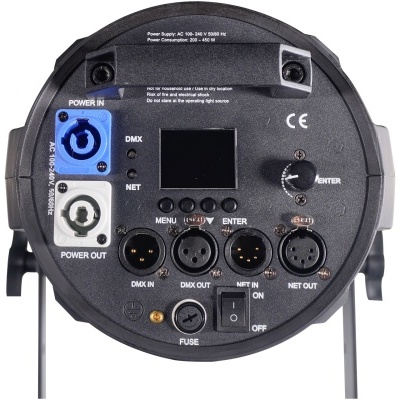 Luz profissional redonda preta com vários conectores e botões