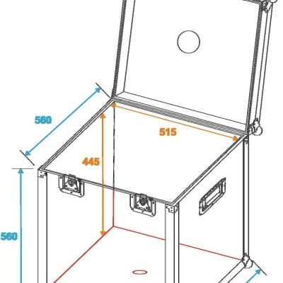 Desenho técnico de caixa quadrada com tampa aberta e medidas em milímetros