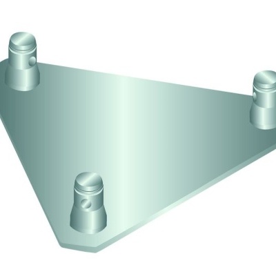 Suporte metálico triangular com três parafusos fixadores sobre fundo branco