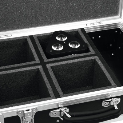 Mala de transporte preta com quatro compartimentos e suporte triangular interno