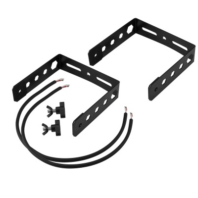 Suporte metálico preto com cabos eléctricos e botões de aperto