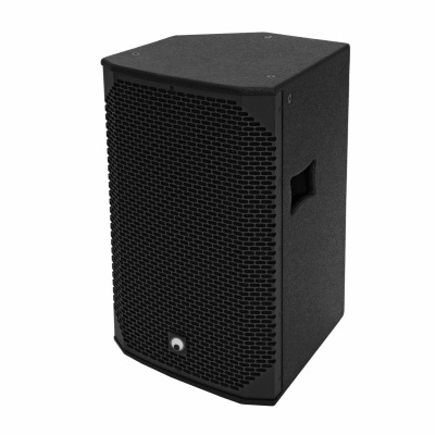 Coluna de som preta com grelha metálica em fundo branco