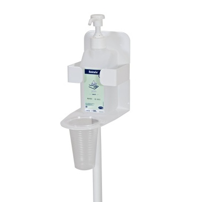 Dispositivo pedestal com frasco dispensador e copo plástico