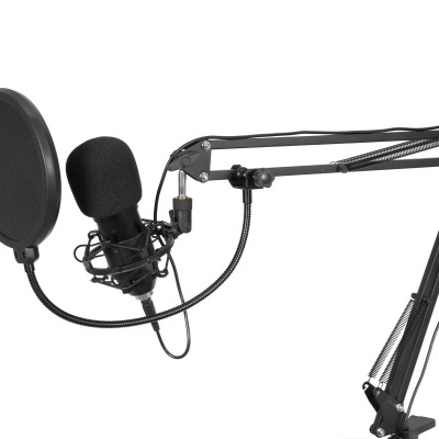 Microfone preto com suporte articulado e filtro pop preto