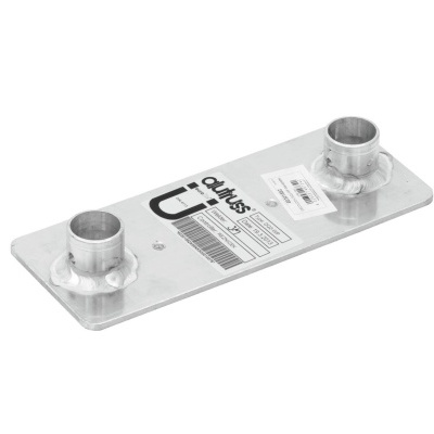 Peça metálica retangular com ligações tubulares e etiqueta com texto e código de barras