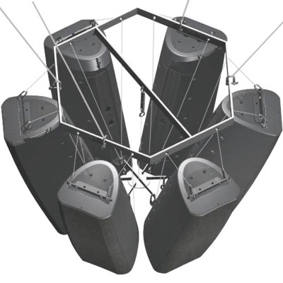 Suspensão de seis colmeias metálicas pretas ligadas a estrutura hexagonal