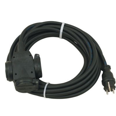 Extensão elétrica preta com cabo enrolado e fichas