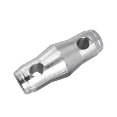 Peça metálica prateada com dois furos circulares