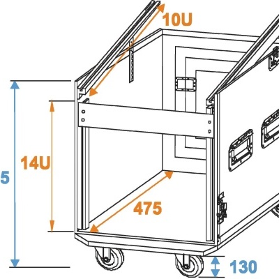Estojo de transporte preto com rodas e dimensões visíveis em milímetros e unidades U.